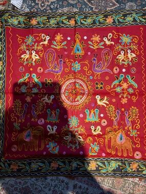 Classic Red Embroidered Folk Art Tapestry with Multicolor Motifs